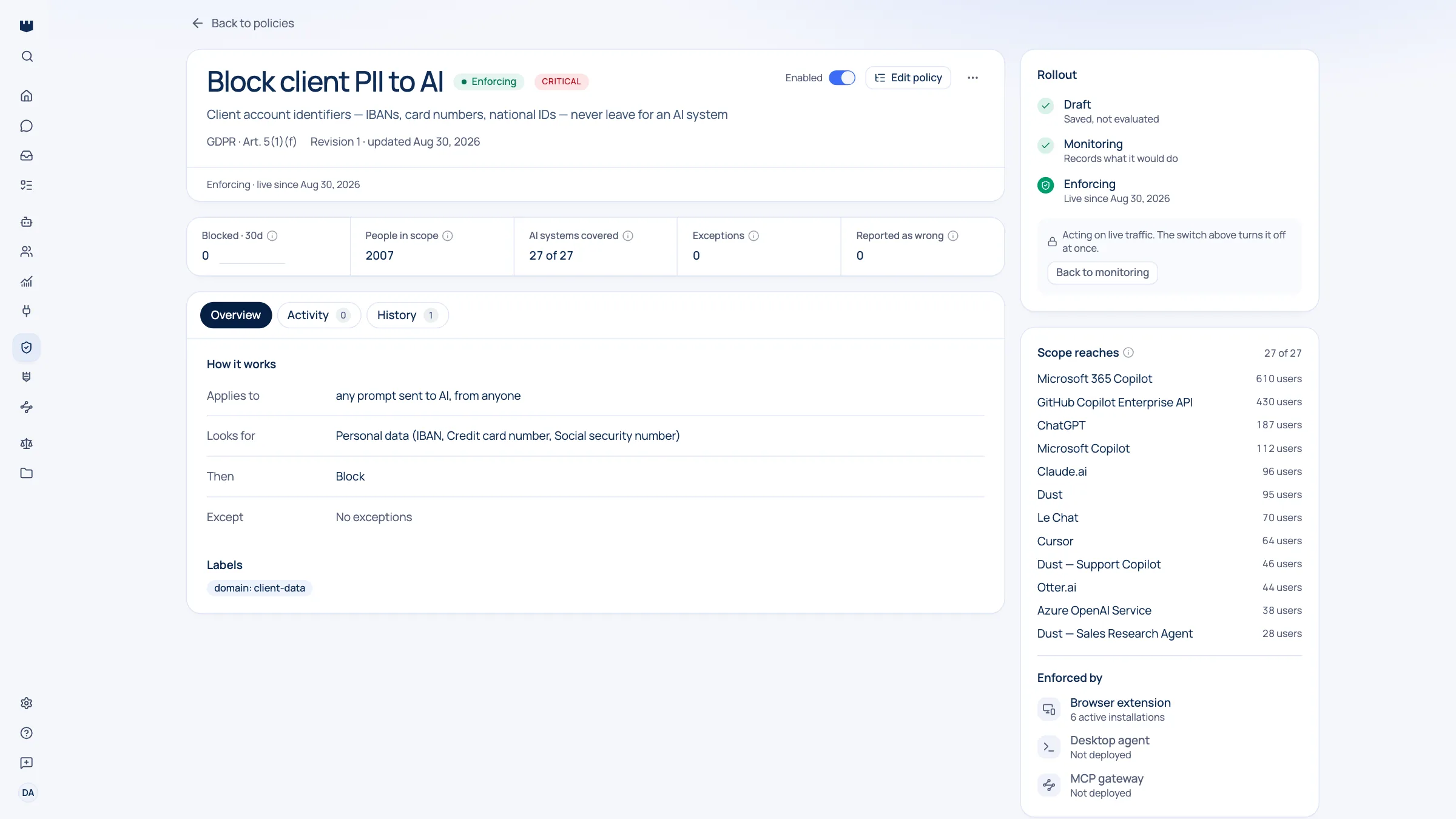 A Qastel policy that blocks client account identifiers, enforcing on every channel, with the browser extension, desktop agent and MCP gateway listed as the points that enforce it