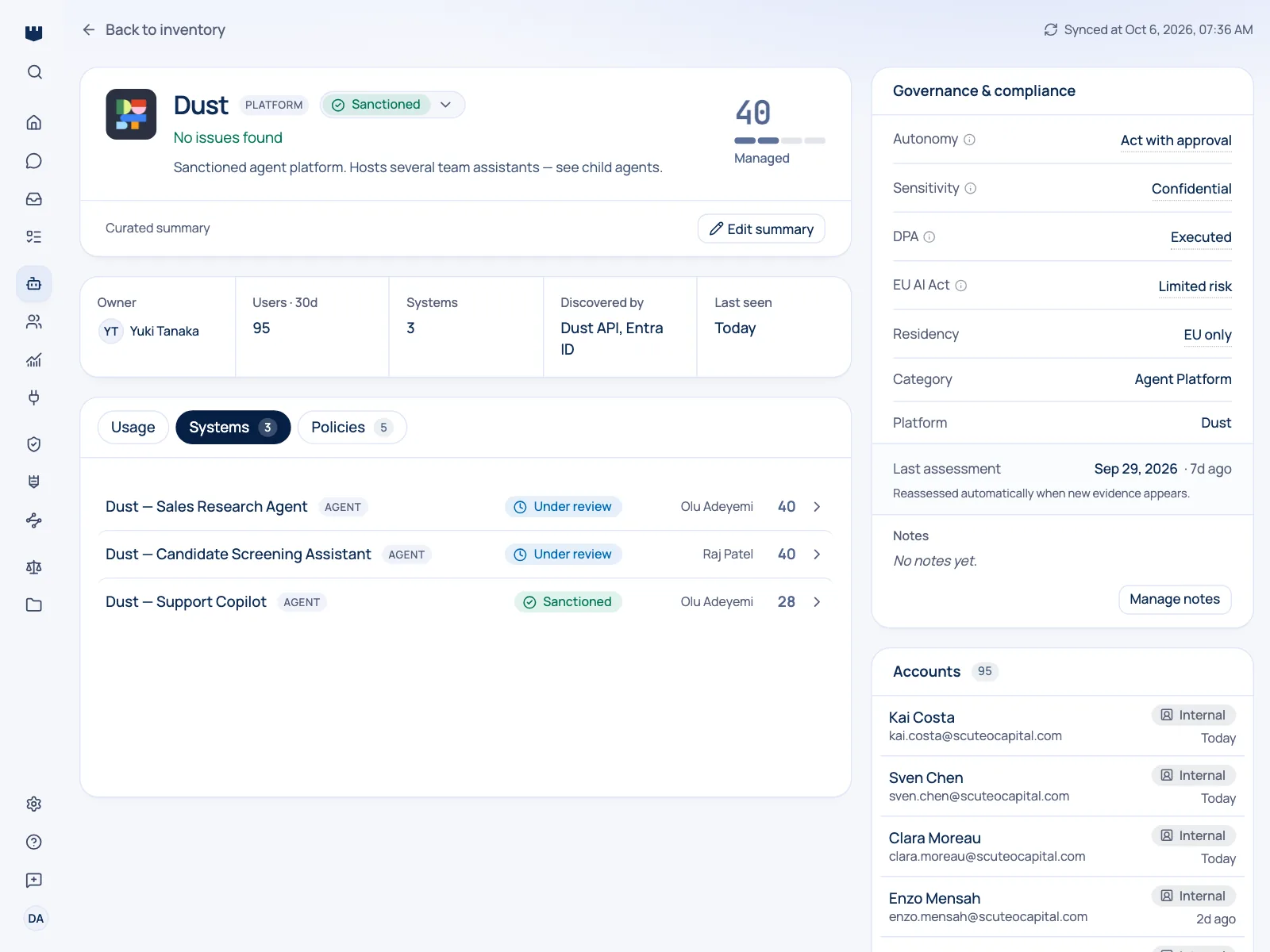 Qastel detail page for the Dust platform with the Systems tab open, listing its agents as children with governance state, owner and risk score
