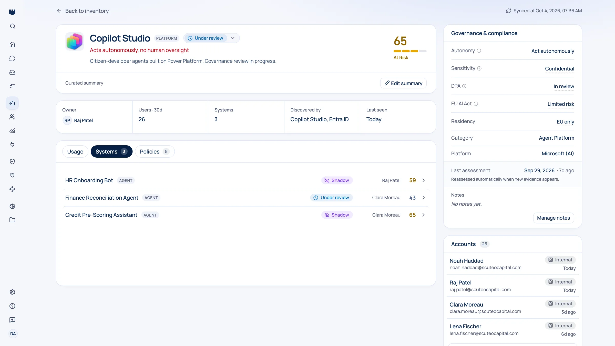 Qastel detail page for the Copilot Studio platform with the Systems tab open, listing the agents built on it with governance state, owner and risk score