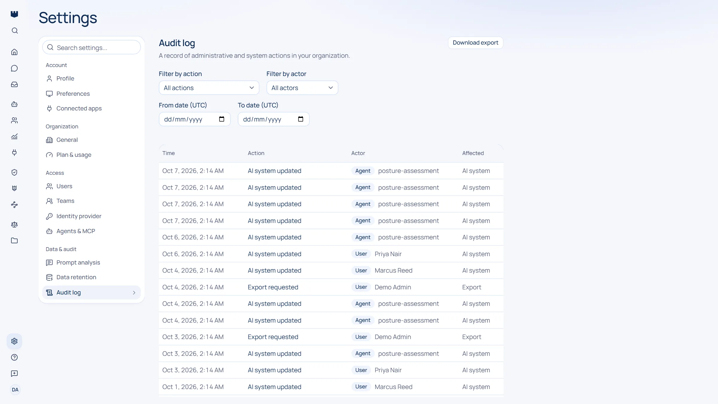 Qastel audit log listing governance changes with the time, the action, and whether a person or an agent made each one