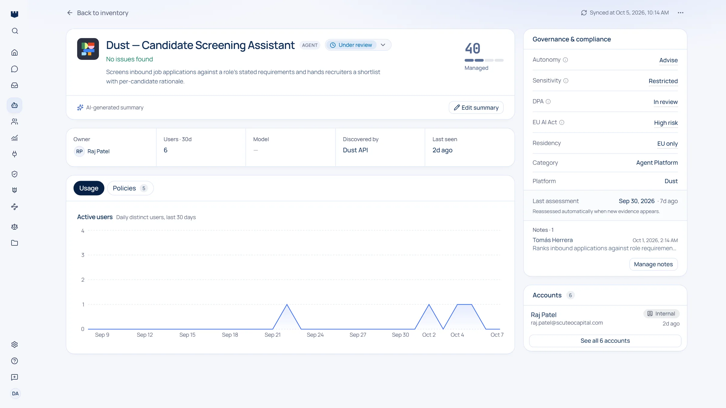 Qastel page for a candidate screening agent: its risk score, governance state, autonomy, data sensitivity, DPA status, high-risk EU AI Act tier and residency